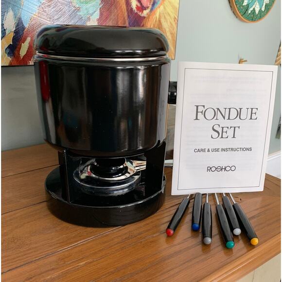Roshco Black Fondue Set- Steel Pot Alcohol Burner with 6 Forks - Picture 5 of 7
